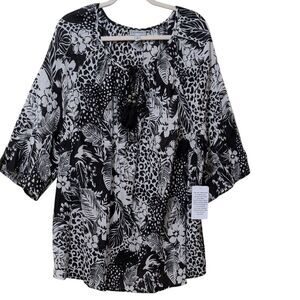NWT Catherines black white cotton floral tropical top tassel 3/4 sleeve plus 1X